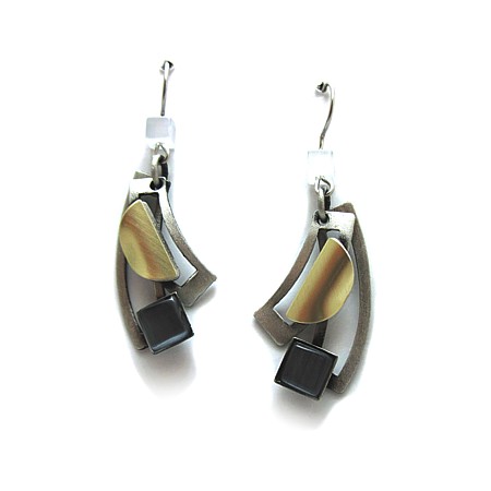 Two-tone light grey rectangle swoosh earrings - Click Image to Close